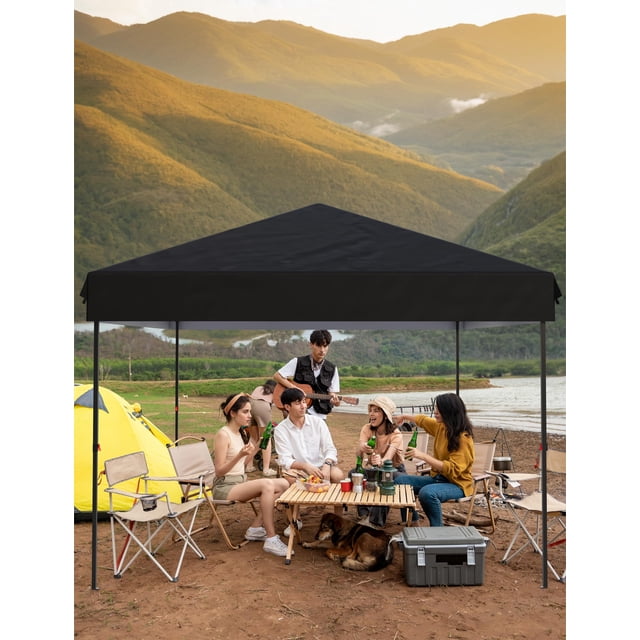TROPOW 10x10 Pop Up Canopy - Outdoor Canopy Tent with Portable Roller Bag - One Button Push Setup, 3 Adjustable Height, 4 Weight Bags, 8 Stakes & 4 Guy Ropes Included,Black