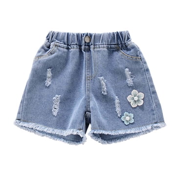Ashirexll Shorts en Jean pour Filles Décontractés Mignons à Cœur en Dentelle Shorts en Jean avec Poches pour Enfants