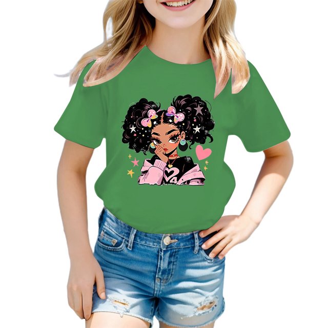 LUOGENLI T-Shirt pour Filles T-Shirt d'Été pour Filles à Col Rond, Imprimé de Dessin Animé, Décontracté, Ample, à Manches Courtes, T-Shirt Long pour Filles Vert 4-6 Ans