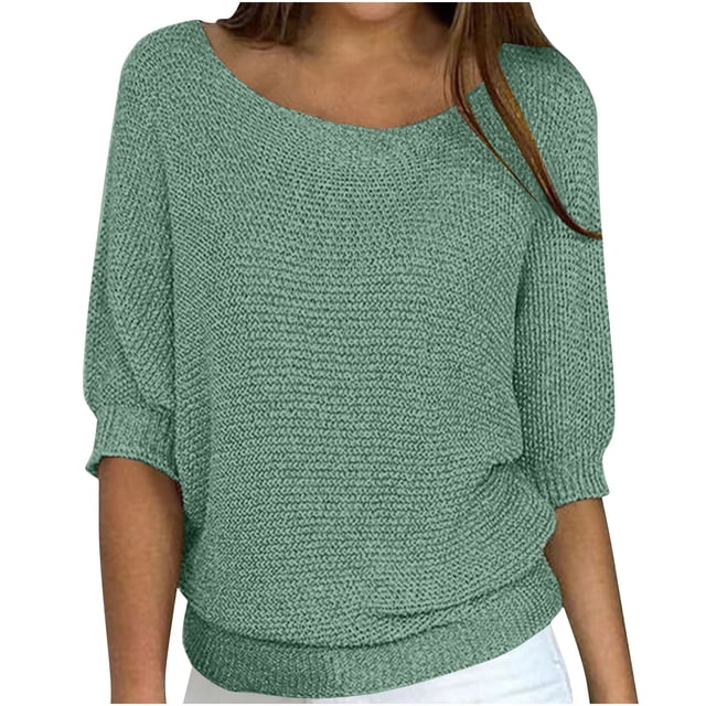 UAMVSH Chandails Grande Taille pour Femmes Décontractés à Manches Mi-Longues, Col Rond, Chandail Doux d'Automne, Hauts Amples, Couleur Unie, Chandails Tricotés de Base (5X-Grand, Vert)