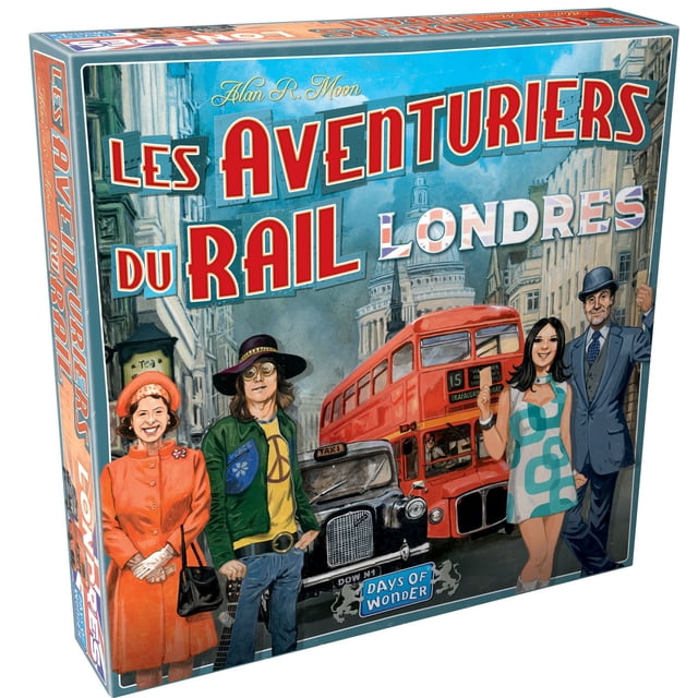 Ticket to Ride Express : Boîte de Jeu de Société London Montrant des Personnages Illustrés de Style Années 1960 Se Tenant Près d'Un taxi Londonien Noir et d'Un Autobus à Impériale Rouge dans une Rue avec des Bâtiments Historiques de Londres, avec le logo Days of Wonder.