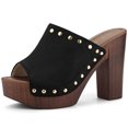 thumbnail image 1 of BLISSFUL STEP Chaussures pour Femmes à Plateforme à Talons Épais à Bout Ouvert à Rivets en Faux Suède Sandales à Enfiler Noires 8, 1 of 7