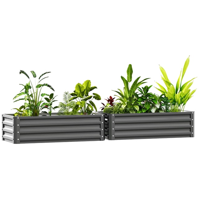 Outsunny Raised Garden Beds Set of 2 in light grey, made of durable galvanized steel with an open-bottom design for optimal plant growth. Each planter box measures 43.3 inches long, 19.7 inches wide, and 11.8 inches high, offering a spacious planting area. Perfect for outdoor gardening in backyards, patios, or other outdoor spaces.