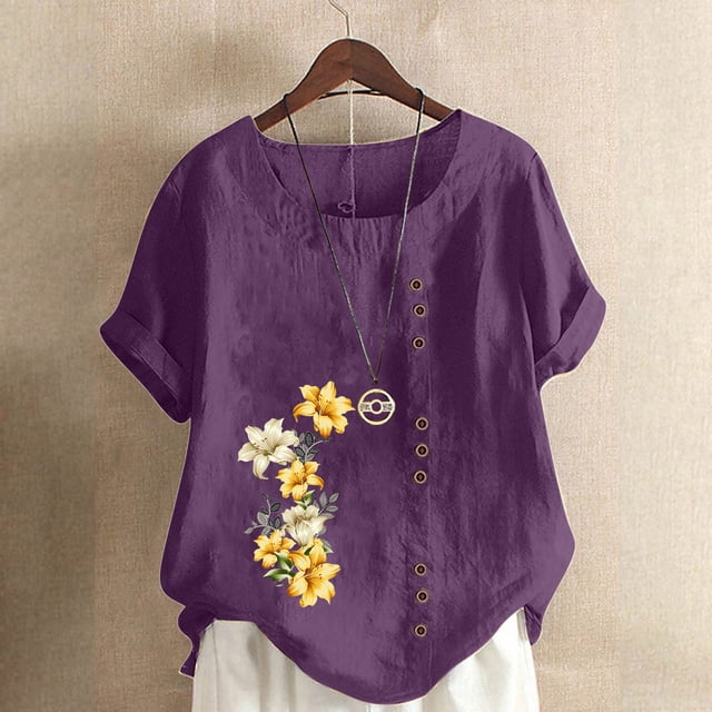 Pisexur Chemises en Lin pour Femmes Manches Courtes Blouses en Coton à Fleurs Hauts Grande Taille Décontractés Amples Col Rond Tuniques Unies Haut