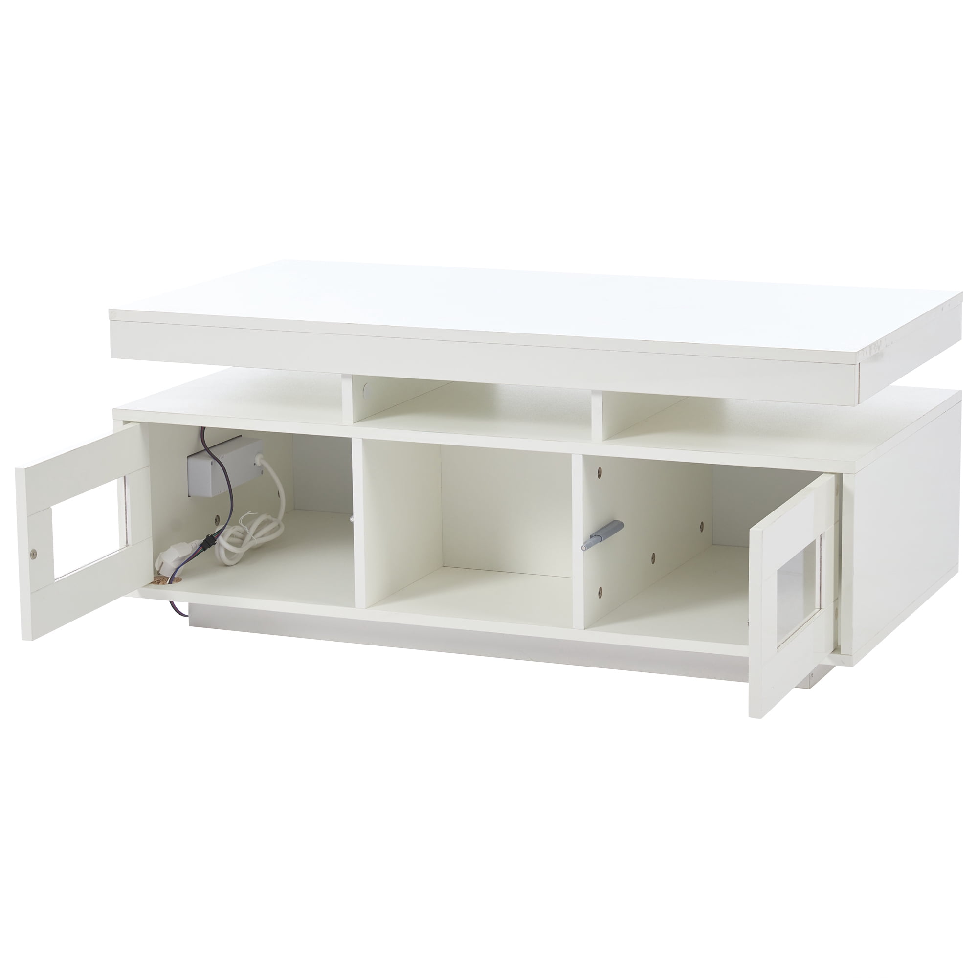 Noble House Table basse haute brillance avec lumières LED, Ports et prises USB, Centre 2 portes et Table d’appoint canapé, blanc
