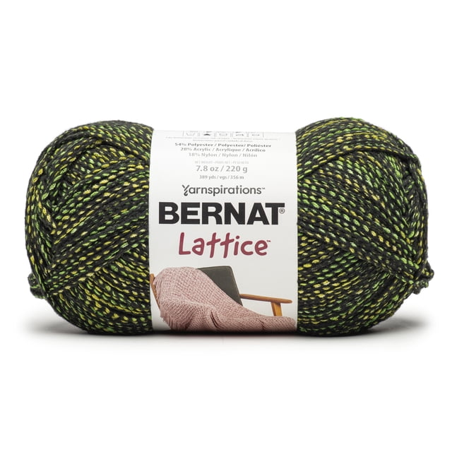 Bernat® Lattice™ #4 Worsted (Medium) Blend Yarn skein with a black polyester cage and yellow-green printed core strands, 7.8 oz (220 g) and 389 yards (356 m), ideal for knitting and crochet projects requiring high stitch definition and a handspun look, often used for cozy, lightweight crafts.