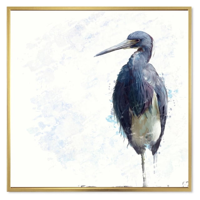 Designart Tricolored Heron Bird FLOAT FRAME WALL ART depicting a front-facing tricolored heron with blue-grey and white feathers on premium cotton canvas, gallery-wrapped and stretched over a 1-inch wood sub frame, enclosed in a gold floating frame, ready to hang for home décor.