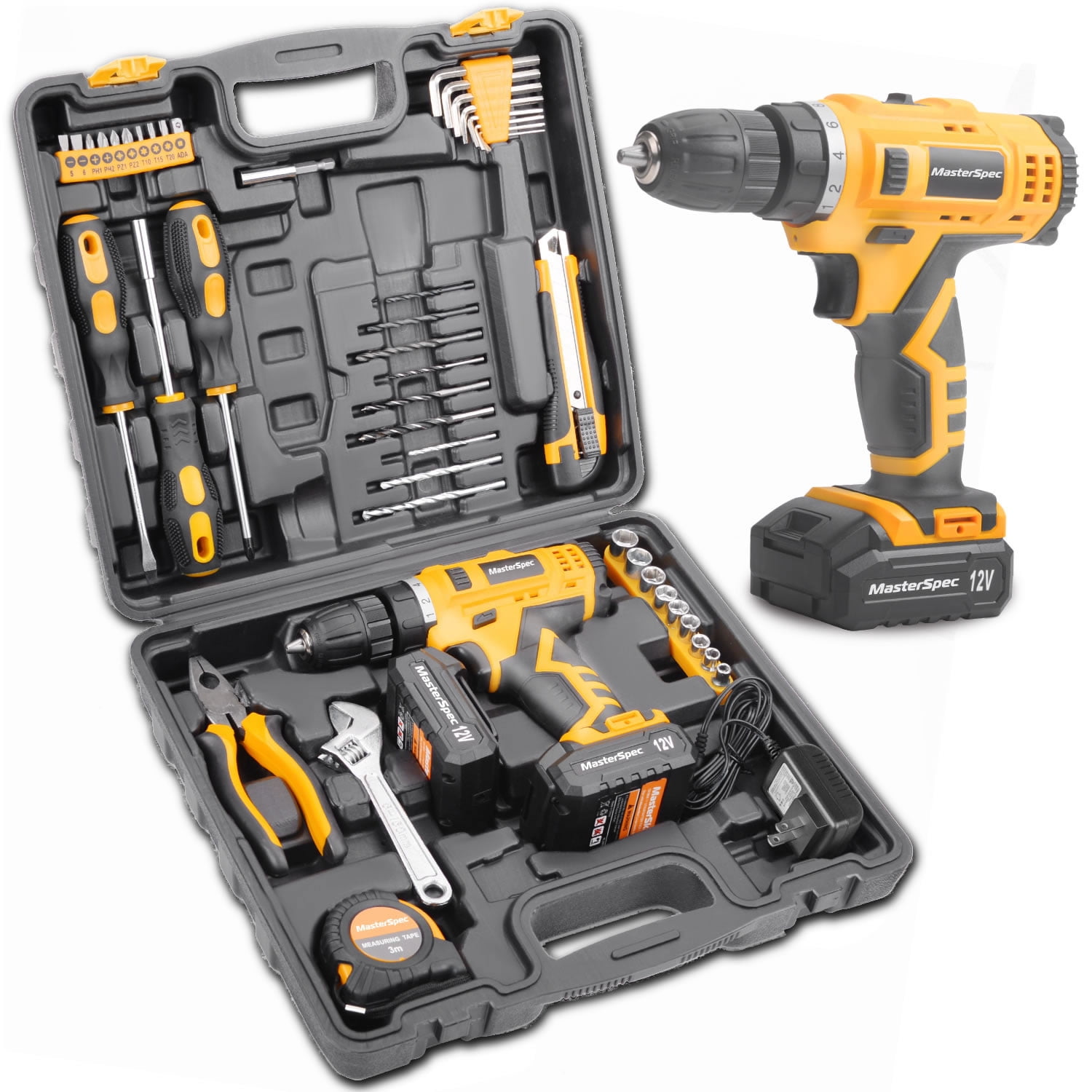 MasterSpec 12V Cordless Drill and Driver Kit with 47 Pcs Household Hand Tools, Includes 2x 1500mAh Batteries,Sturdy Storage Case - Complete DIY Home Repair and Maintenance Tool Set