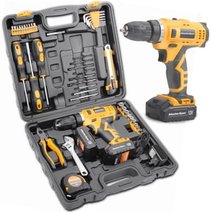 MasterSpec 12V Kit de drill et de pilote sans fil avec 47 Pcs Outils à main ménagers, Inclut 2x 1500mAh Piles, étui de rangement - Complété DIY Ensemble d'outils de réparation et d'entretien à domicile