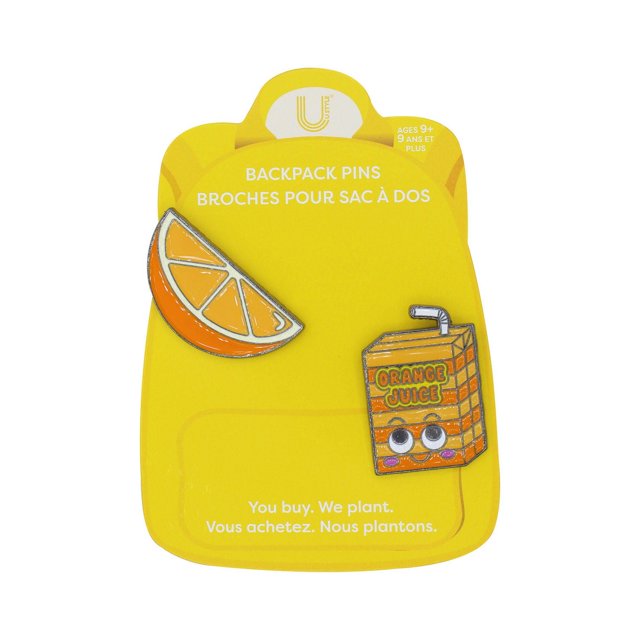 U Style Lot de 2 Épingles de Sac à Dos, Thème Jus d'Orange avec Deux Épingles en Alliage de zinc sur une Carte au Dos Jaune; une Épingle en Forme de Tranche d'Orange Juteuse et l'Autre Boîte de Jus d'Orange Souriante avec une Paille, Idéal pour Accessoiriser Sacs à Dos, Sacs à Main Ou Sacs.