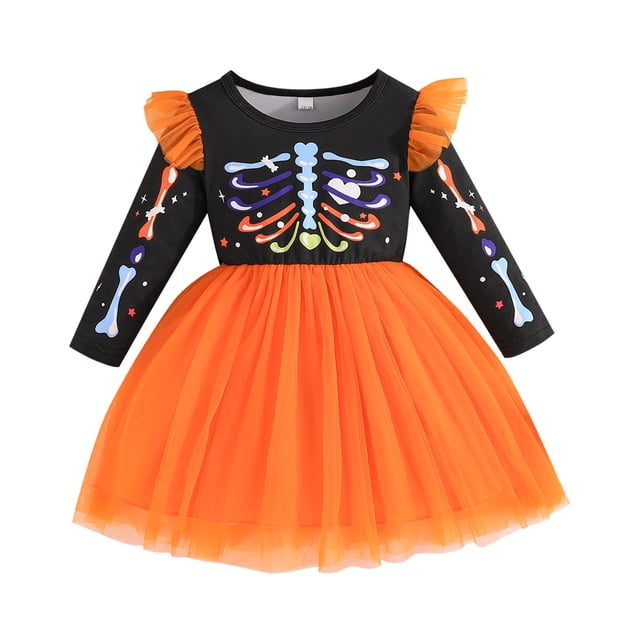Robes pour Filles Halloween Tutu Party Robe à Manches Longues à Imprimé de Dessins Animés pour Tout-Petits et Bébés, Comprenant un Haut Noir avec des Imprimés de Squelettes et d'Os Colorés, Assorti à une Jupe en tulle orange. Conçue pour les Filles de 9 Mois à 5 Ans, Cette Robe Est Idéale pour les Fêtes d'Halloween, les Événements Scolaires Ou les Tenues de Jeu Décontractées. les Manches Longues et le design vibrant la Rendent Adaptée à Diverses occasions et Saisons.
