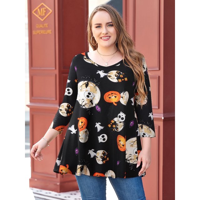 LARACE Halloween T-Shirts à Manches 3/4 pour Femmes Col Rond Crochet Amples Décontractés Chemises Blouses Hauts Flower42 1X