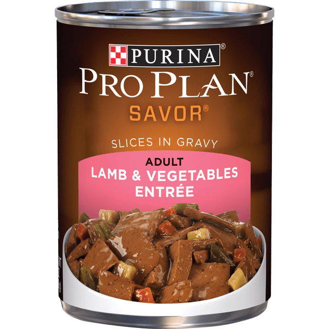 Purina Pro Plan Complete Essentials Lamb & Vegetables Entrée Slices in Gravy wet dog food can, 368 g, with a front-facing view of a metal can featuring a brown and pink label. The label shows the Purina Pro Plan brand and highlights adult dog food made with real lamb slices and vegetables in gravy. The label image depicts tender lamb pieces and mixed vegetables in a rich brown gravy, offering balanced, high-protein nutrition for adult dogs. This wet dog food is also often used to add moisture and flavour when mixed with dry kibble.
