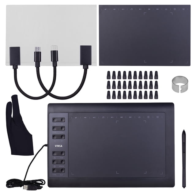 10x6 Inch Professional Graphics Drawing Tablet 12 Express Keys with 8192 Levels Battery-Free Stylus/30pcs Nibs/Pen Clip/2pcs OTG Cable/Copy Film/Hand Feeling Film/Glove Support PC/Laptop Con