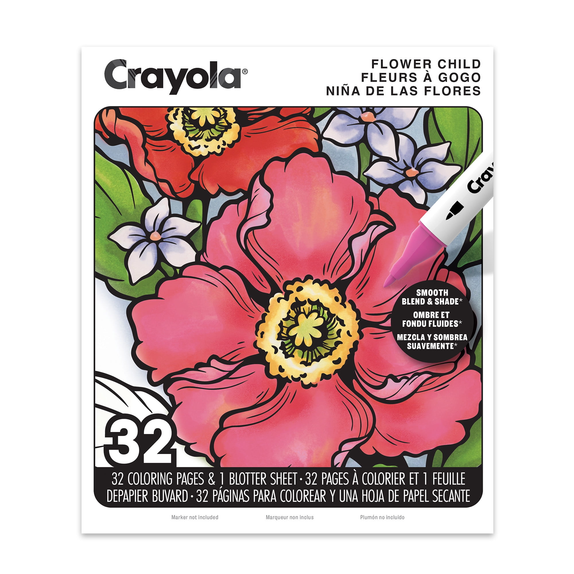 Crayola Flower Child Adult Colouring Book, 32pg Boho Floral Colouring ...
