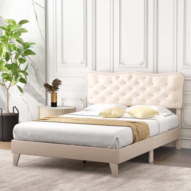 Costway Cadre de Lit Plateforme Entièrement Rembourré Tête de Lit Capitonnée Base de Matelas