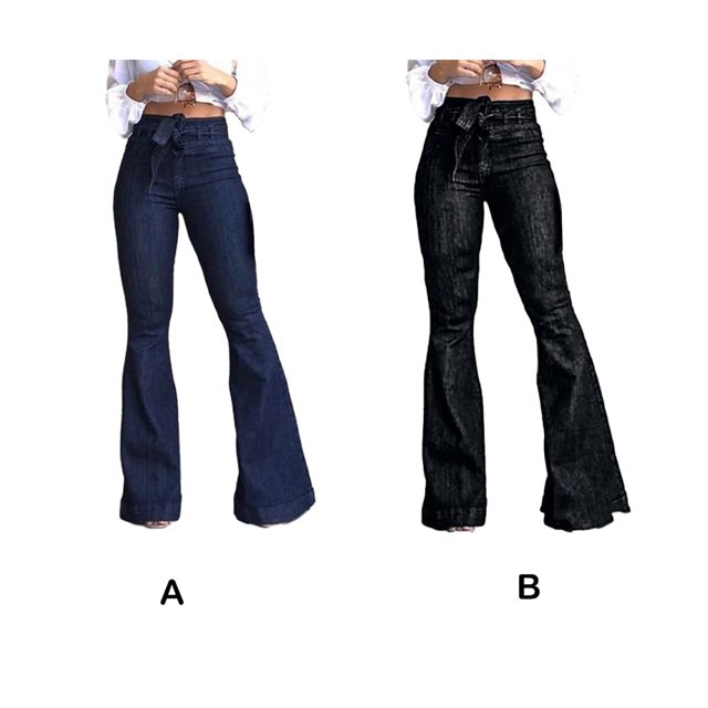 pitrice Women Wide Leg Jeans High Waist Flared Pants Solid Color Strap Spring Summer Hip-Lifting Ladies Trousers For Office Blue 2XL 1Set