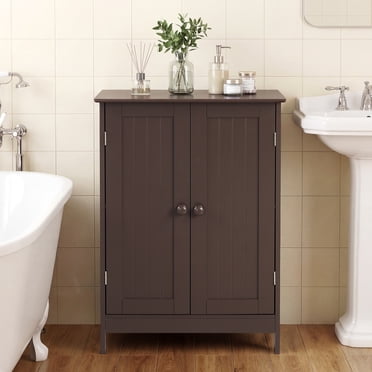 Gymax Armoire de Rangement de Salle de Bain Autoportante Armoire de Plancher en Bois avec Doubles Portes Tablette Ajustable Organisateurs de Rangement Modernes pour Cuisine Salon Entrée Brun