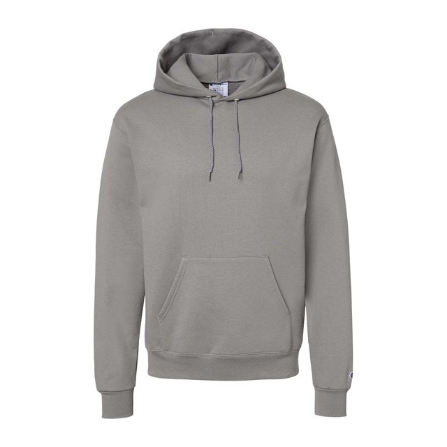 Champion Mens Powerblend Hooded Sweatshirt in stone grey, size medium. Made from a 50/50 cotton and polyester blend, featuring a front kangaroo pocket, adjustable drawstring hood, and ribbed cuffs and hem for a comfortable fit.