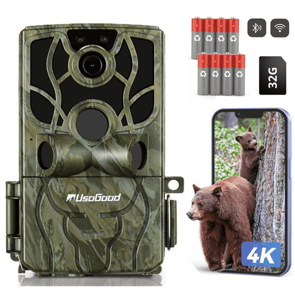 Usogood 4K 48MP WiFi Trail Camera with Phone App, Game Camera with Night Vision Motion Activated IP66 Waterproof, 120°PIR Range for Deer & Wildlife