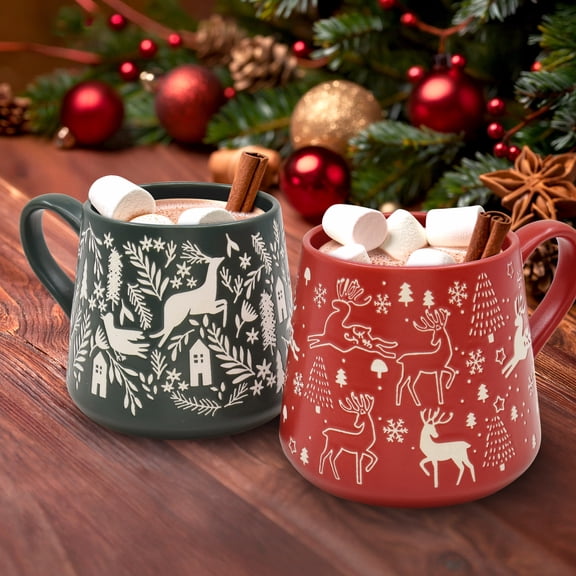 Holiday Time Nordic Reindeer Mug Set, Green & Red, Stoneware, Festive Drinkware, 2-Piece