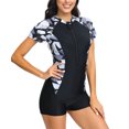 thumbnail image 4 of cllios Womens Rash Guard Swimsuit Short Sleeve Sun Protection Printed Zipper Surfing One Piece Bathing Suit Round Neck Boyshort Swimwear White M, 4 of 7