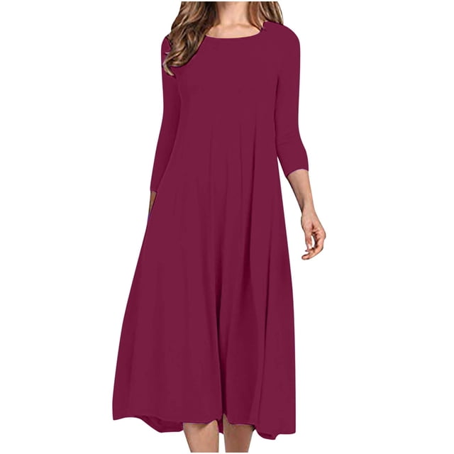 Pisexur Robe d'Automne pour Femme, Robe Maxi à Manches 3/4, Décontractée, à Cordon, Manches Mi-Longues, Taille Haute, Col Rond, Ample, Longue, avec Ceinture