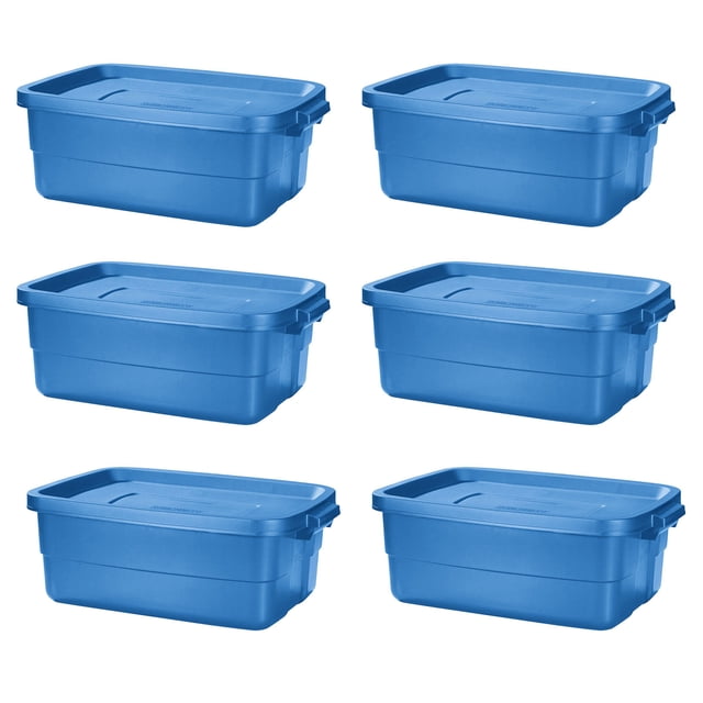 Rubbermaid Roughneck Tote 10 Gal Storage Container, Heritage Blue (6 Pack). A set of six rugged, impact-resistant storage bins with stay-tight lids, designed for stacking and protecting contents from moisture and pests. Each 10-gallon container features easy-carry handles and is ideal for organizing items in closets, garages, attics, or laundry rooms.