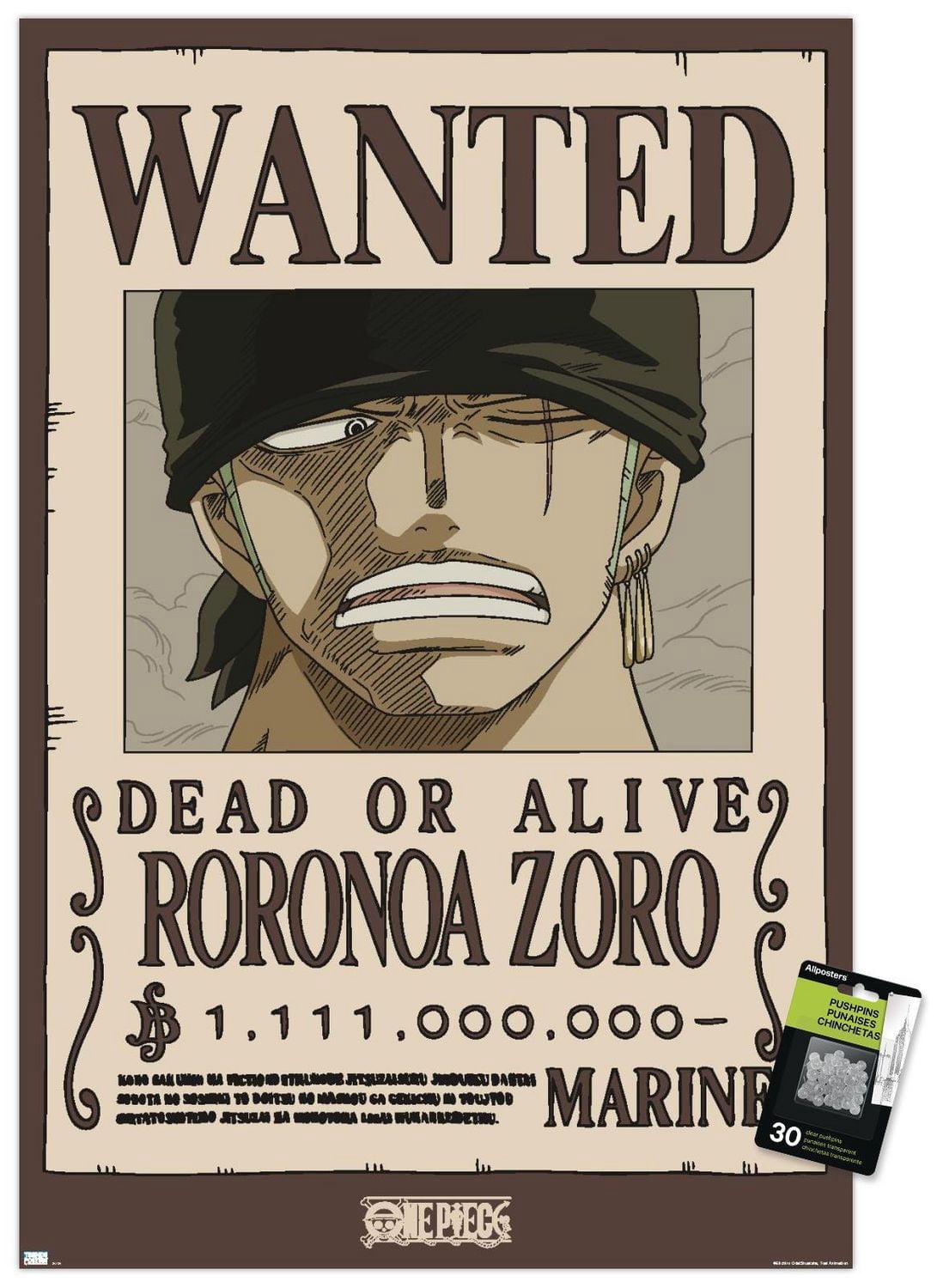 One Piece - Roronoa Zoro Wanted Poster Wall Poster with Pushpins, 22.375" x 34"