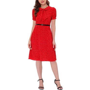 INSPIRE CHIC Robe Vintage à Fleurs pour Femme à Col Peter Pan, à Nouer au Cou, Manches Courtes, Ligne A, Élégante, avec Ceinture, TG Rouge