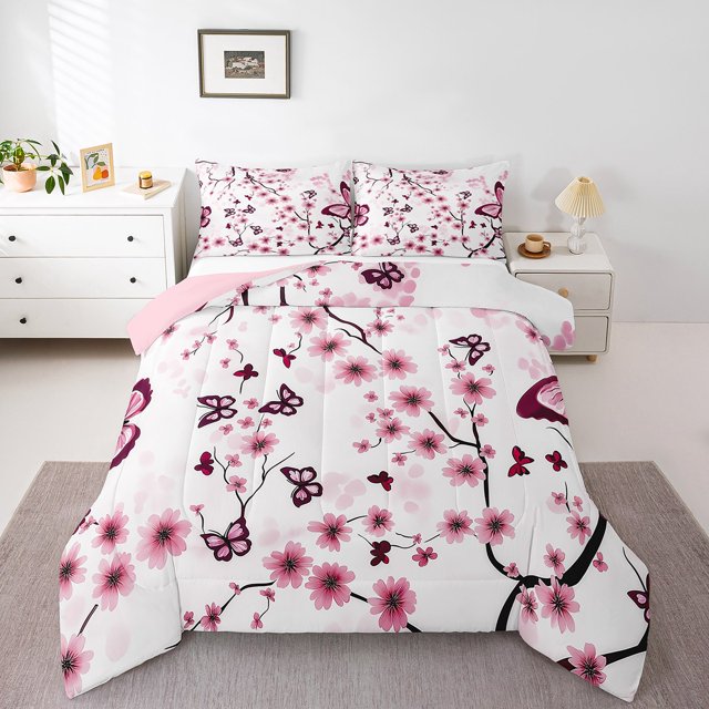 Erosebridal Literie Fleurs de Cerisier Roses Ensemble de Couette Grand, Couette Papillon Girly, Réversible 3 Pcs