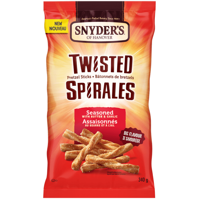 SOH Twisted Seasoned Pretzel Sticks 340g bag by Snyder's of Hanover featuring twisted pretzel sticks seasoned with butter and garlic on a red and orange background, highlighting big flavour and new product status, often used as a snack or party appetizer.
