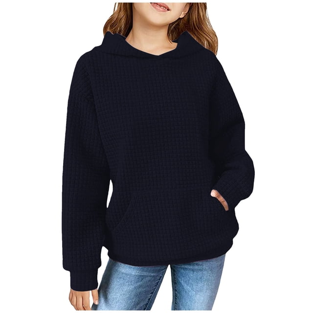 FAOWME Child Solid Color Hooded Silk Checked Tops Coat Navy 3-4 Years