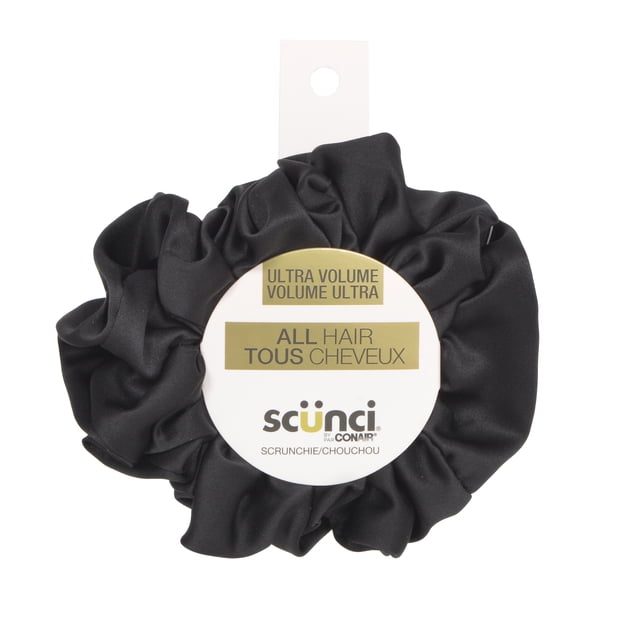 Scunci Oversized Black Scrunchie with ultra-volume black fabric ruffles surrounding a central white label reading 'Ultra Volume' and 'All Hair' in English and French, designed for comfortable full hold and versatile hair accessory use.