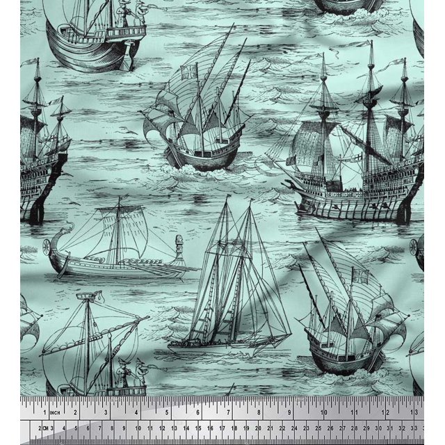 Soimoi Poly Georgette Fabric Waves & Ship Ocean Decor Fabric Printed Yard 52 Inch Wide