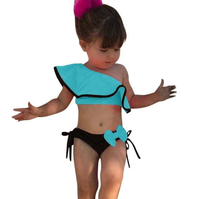 Hiiyo Infant Girls 2-Piece Swimsuit One Shoulder Bathing Suit Ruffle Bow Bikini Set, Sizes 6M-4T