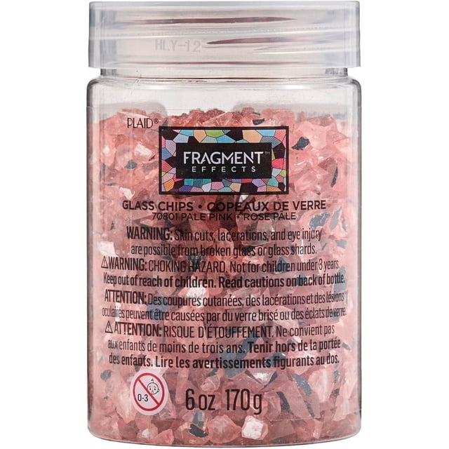 Fragment Effects Pale Pink Glass Chips, 6 oz jar of assorted translucent pale pink glass chips with mirror backing in varied shapes and sizes, suitable for specialty crafts and mosaics on wood, glass, acrylic, and canvas surfaces.
