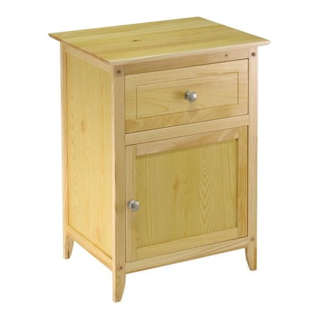 Night Stand in natural wood colour with a rectangular top, one pull-out drawer and lower cabinet door with satin nickel knobs, constructed from solid and composite wood, ideal as an accent table in bedroom furniture.