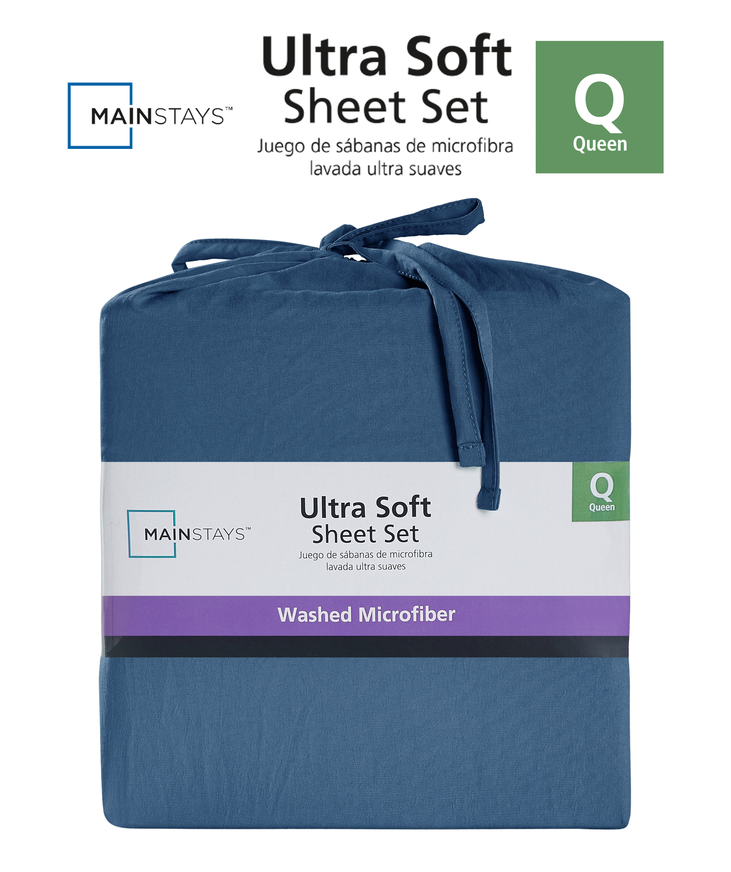 Mainstays Ensemble de draps en microfibre lavée ultra douce, Tres Grand Lit, Indigo Lavé, 4 pièces.