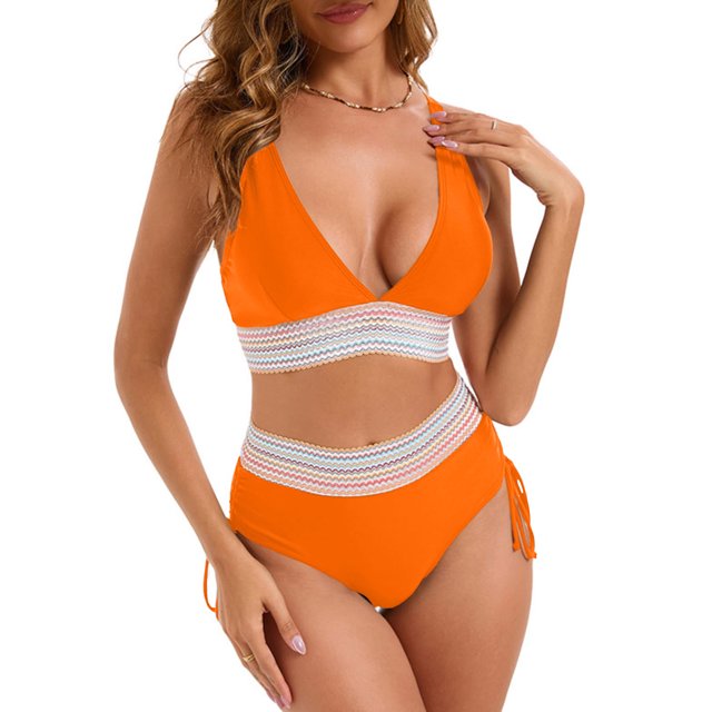 YUTK Plus Size High-Waisted Bikini Sets - Women's Bikini High Waisted Split Color Suit with Drawstring Gathered Abdominal Swimsuit Orange S