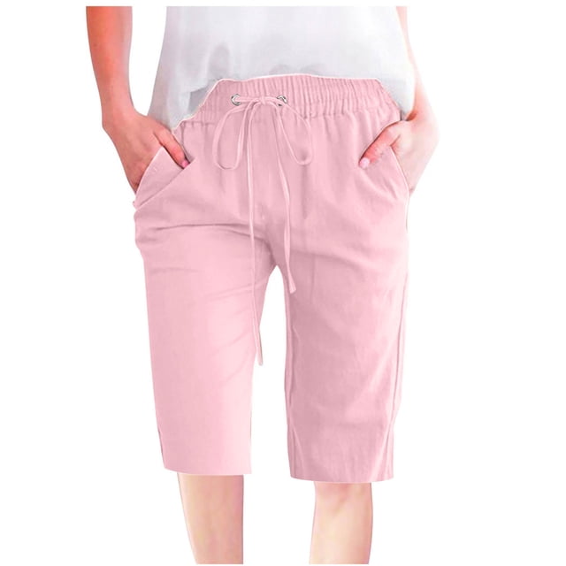 Timegard Womens Plus Size Shorts Elastic Waisted Drawstring Lightweight Casual Knee Length Shorts with Pockets