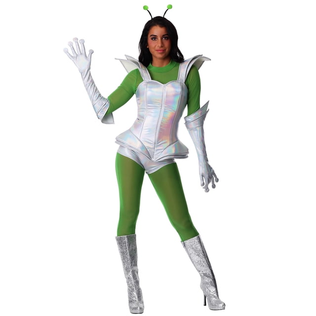 Women's Galactic Alien Babe Costume designed for Halloween, featuring a metallic silver romper with a front zipper, green mesh top and leggings, gloves with alien fingertips, and an antennae headband. Perfect for a futuristic alien-themed party or event.