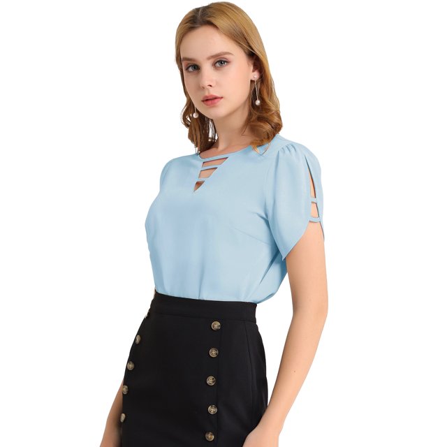 INSPIRE CHIC Blouse à Col Ras du Cou en V Découpé à Fente pour Femme, Décontractée, avec Poignets Froncés