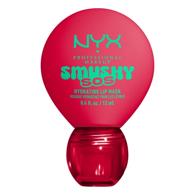 NYX Professional Makeup Smushy SOS, Hydrating Lip Mask centered front-facing close-up showing the product and its soft-tip applicator; high-gloss finish, hyaluronic acid formula delivering up to 12 HR hydration, offered in six scented shades on a neutral background. Often used as a glossy topper over lipstick for added shine.