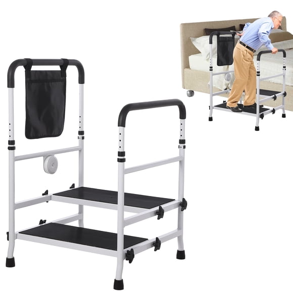 Bed Step Stool for High Bed for Elderly, Bed Rails with Adjustable Height Bed Step Stool, Bed Safety Rail Up to 450 Lbs with Handicap Grab Bars & LED Light for Fall Prevention for Bedside, Bathtub