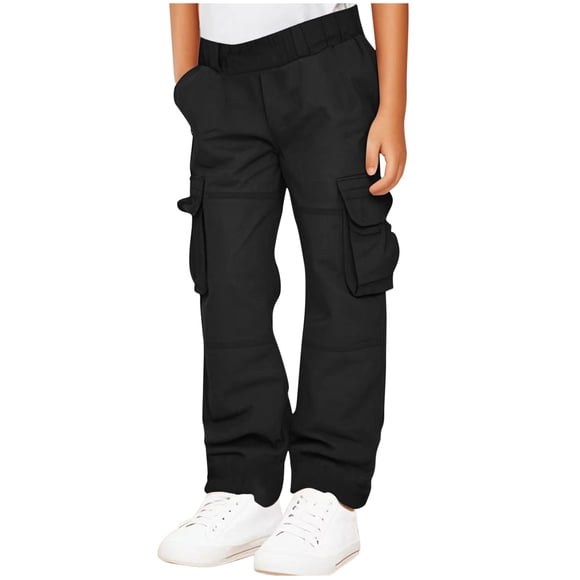 Ohufall 5-15 Years Kids Cargo Pants Elastic Waist Solid Fall Casual Cargo Trousers with Multi Pockets Comfy Straight Leg Streetwear Child Boys Girls Hiking Pants