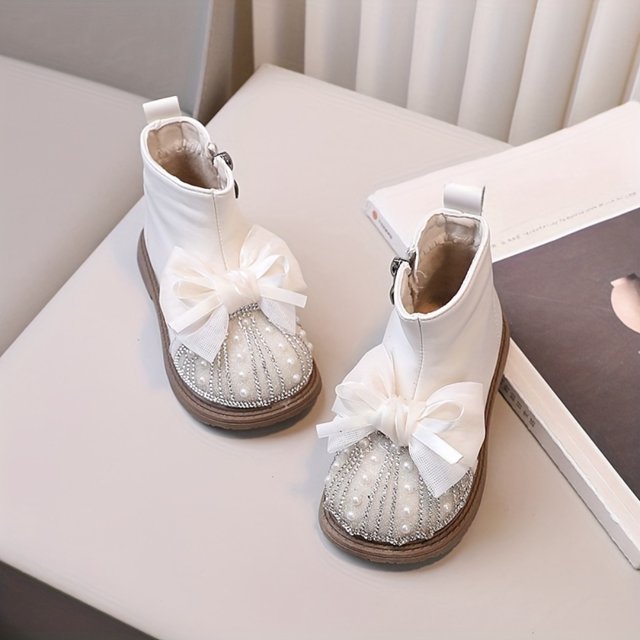 LNGOOR Trendy Cute Solid Color Bowknot Pearl Rhinestone Decor Boots With Side Zipper For Girls Non-slip Warm Plus Fleece Boots For Autumn And Winter