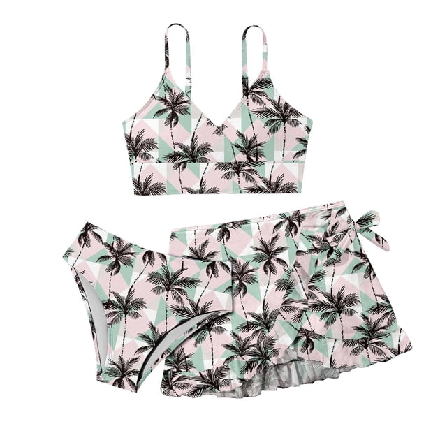 Sunnyoo Tween Girls Bikini Swimsuit with Cover Up Coconut Tree Print Bathing Suit,3-Piece