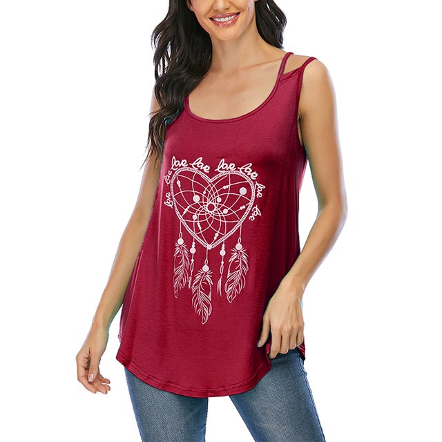 LUXUR Femmes Débardeurs Sans Manches Été Top Col Pull Casual Camisole Coeur Imprimé Cami Vin Rouge XXL