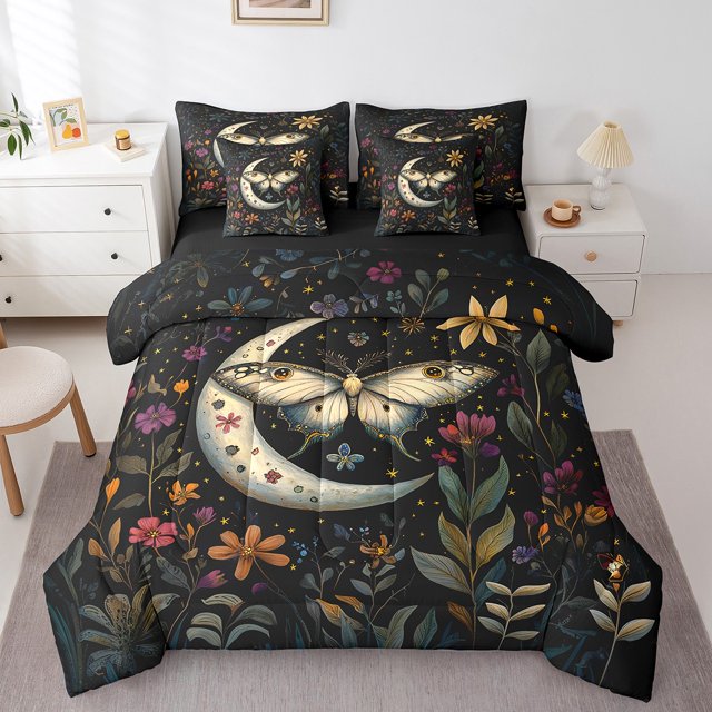 Erosebridal Ensemble de Literie Boho Papillon Format Simple, Ensemble de Lit Plantes Botaniques, Déco Étoiles Scintillantes, Réversible 7 Pcs 7 Pcs